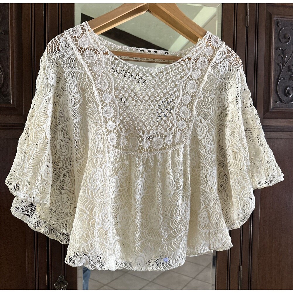Blue Planet Lace Poncho Top XL Cream Boho Crochet Festival Overlay Cape Blouse